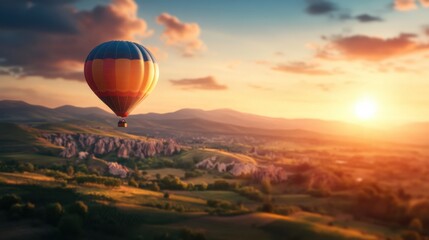 Obraz premium Hot air balloon adventure over scenic hills at sunset travel photography serene landscape aerial view dreamlike experience