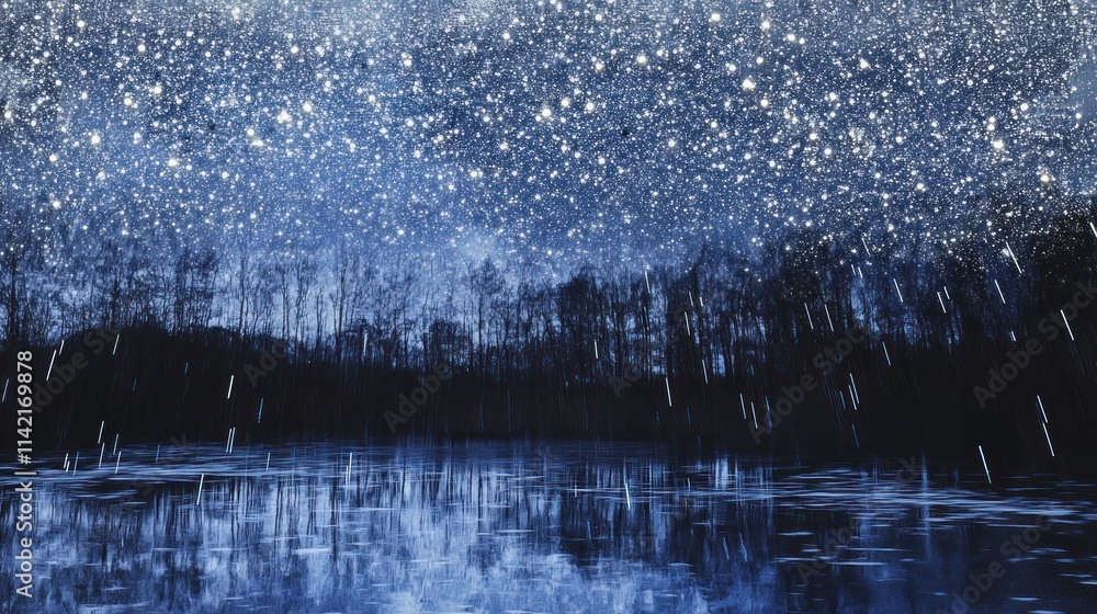 Wall mural night sky, stars, rain, reflection, lake, trees, forest, dark, blue, nature, landscape.
