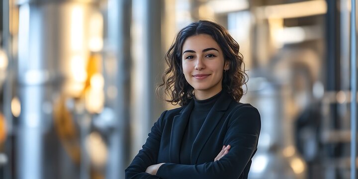 Portrait of a female engineer standing confidently in an industrial facility, smiling, portrait shot, looking at the camera