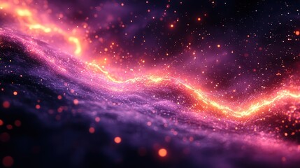Fototapeta premium Abstract cosmic landscape with glowing energy waves and particles.