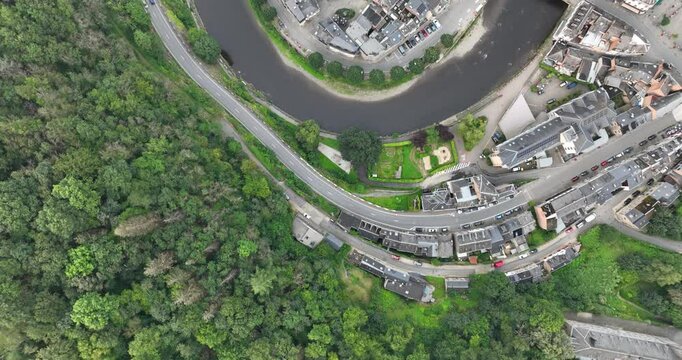 aerial drone video of La roche en ardenne, belgium, small village overview.