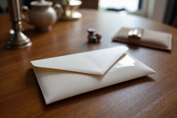 Elegant envelope placed on a wooden table with vintage accessories in a cozy indoor setting