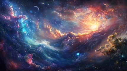 Fototapeta premium Celestial ocean with vibrant nebulae and a lone tree.