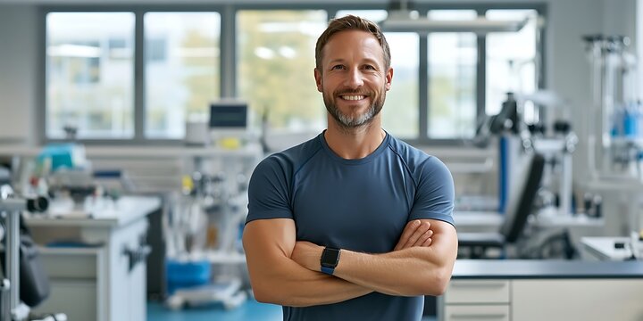 Portrait of an exercise physiologist standing confidently in a sports lab, smiling, portrait shot, standing,