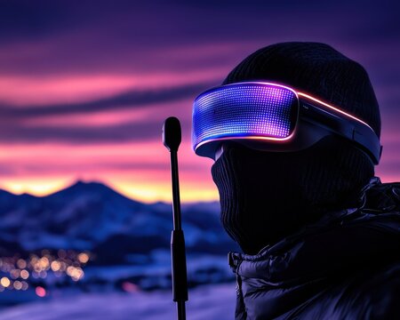 A person in futuristic goggles standing against a colorful twilight landscape.