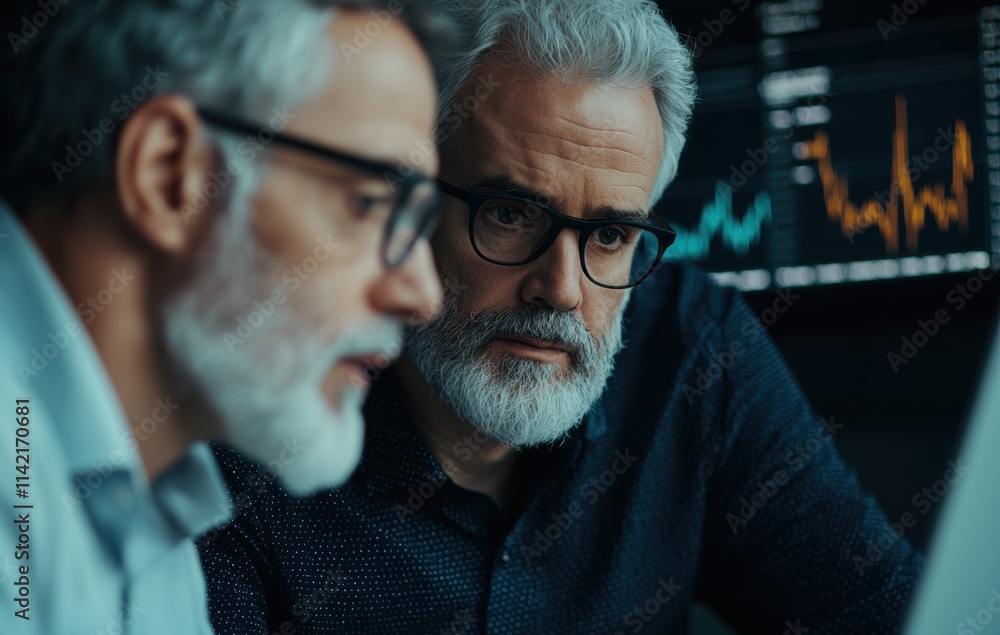 Poster focused businessmen analyzing data on computer screen together
