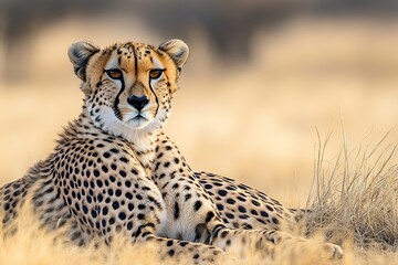 Majestic cheetah rests in savannah, intense gaze, golden light.