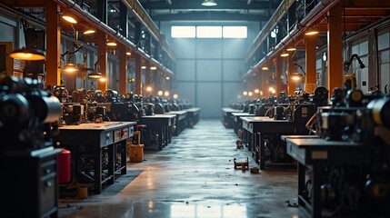 Naklejka premium Industrial workshop with machinery and workstations illuminated by overhead lights
