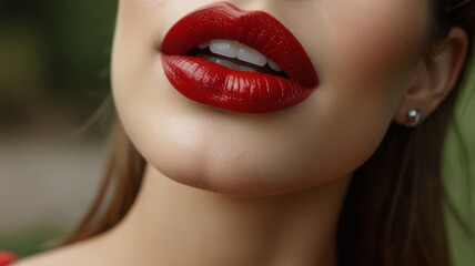 Fototapeta premium Close-up of luscious red lips, glossy and perfectly defined, capturing the essence of beauty and elegance with a striking, bold shade.