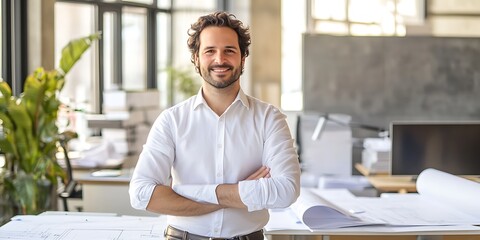 Portrait of a male project coordinator standing confidently with project blueprints