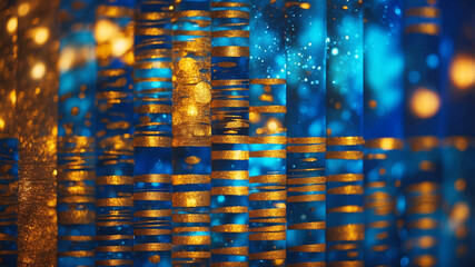 A captivating mixture of blue and gold hues featuring stripes and spots, creating a vibrant abstract light pattern.