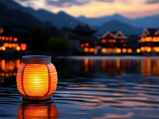 A tranquil lantern floating on water with a serene landscape in the background.