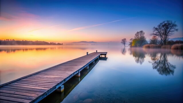 Ein einsamer Steg am See in der D?mmerung mit einer sanften Nebeldecke und einem malerischen Hintergrund, peaceful, nature,  peaceful