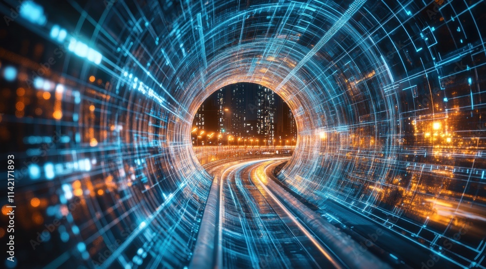 Poster futuristic, high-tech tunnel with digital grid patterns and holographic projections