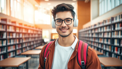 Smiling Young Student Listening to Music in Library