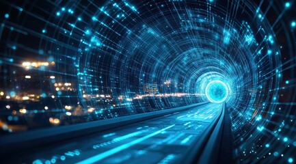 Futuristic, high-tech tunnel with digital grid patterns and holographic projections