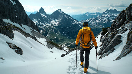 Hiker trekking snowy mountain path.