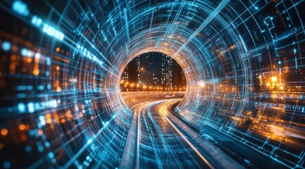 Futuristic, high-tech tunnel with digital grid patterns and holographic projections