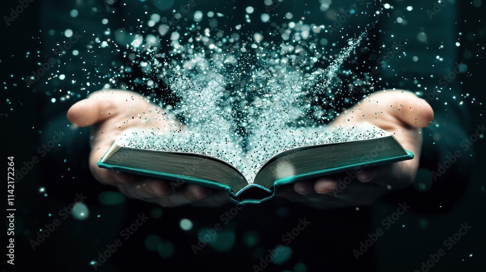 Poster a magical book emits sparkling particles from its pages, held in open hands against a dark backgroun