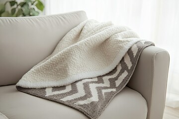 Cozy sherpa fleece blanket on beige sofa in sunlit living room