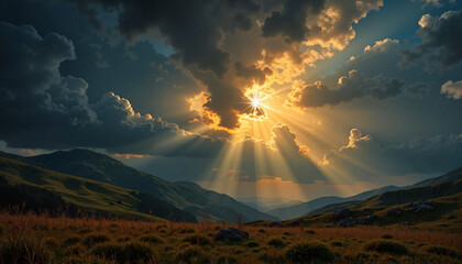 Sunlight breaking through dramatic clouds over mountain landscape