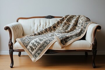 Elegant vintage sofa with ornate blanket in bright room