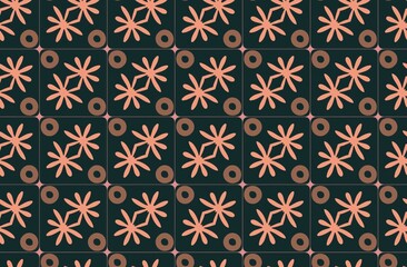 A pattern of flowers and circles in a black and pink color scheme