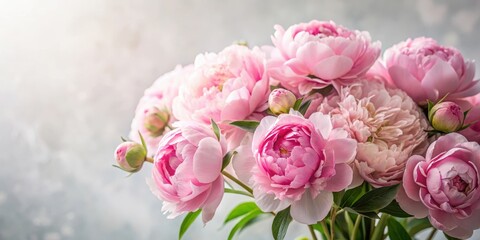 Delicate pink peonies arranged in a loose bouquet against a soft white background with subtle texture and gentle lighting, soft focus, elegant