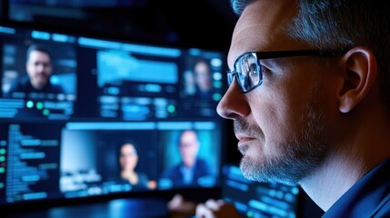 Professional Man Analyzing Data on Multiple Screens in Office Setting