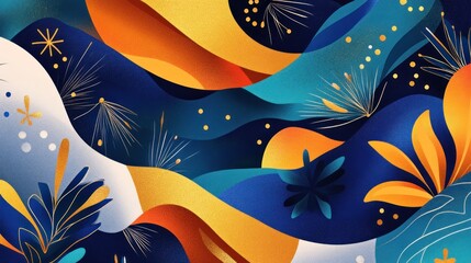 Obraz premium Abstract colorful waves with floral elements.
