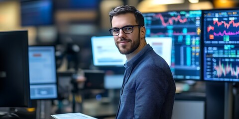 Obraz premium Portrait of male research analyst in financial office, reviewing market reports, standing confidently, smiling