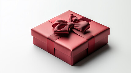 Obraz premium Elegant red Christmas gift box with shiny satin ribbon bow on white background
