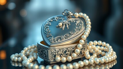 Vintage Heart-Shaped Jewelry Box, Pearls, Bridal Accessories, Wedding Concept, High-Quality AI Photo