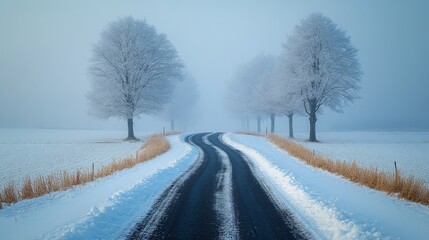 Winding Road Through Frosty Winter Landscape