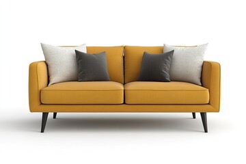 Fototapeta premium Stylish yellow sofa with cushions on black legs