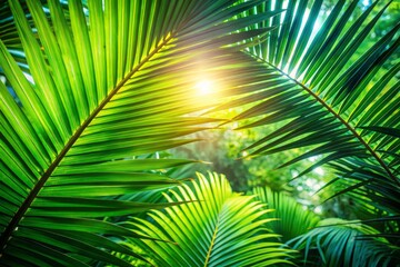 Obraz premium Worm's Eye View of Lush Green Palm Leaves, Sunny Tropical Background, Summer Nature Wallpaper