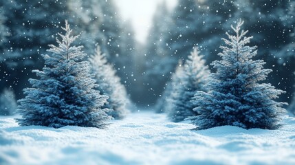 Snowy Path Through Frosty Pine Tree Forest