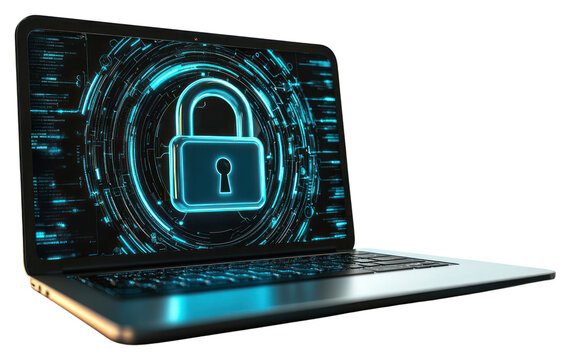 PNG A blue padlock on a laptop computer with a digital security hologram cybersecurity electronics protection. - Powered by Adobe