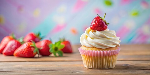 A delicious cupcake with a swirl of white frosting and fresh strawberry slices on top, placed on a colorful background , springtime food, dessert