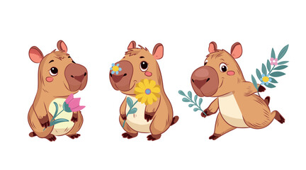 Fototapeta premium Capybara set. Spring, Summer, flowers, sunflower, forget-me-nots, twigs, leaves. Holiday background for postcard design