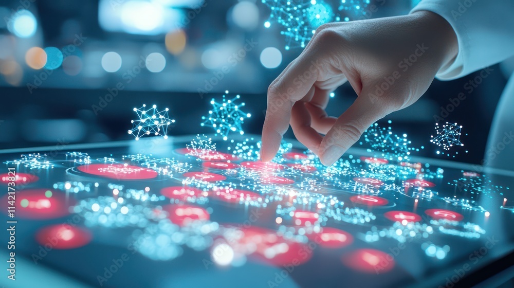 Aufkleber a hand interacts with a digital interface, manipulating vibrant, glowing data points in a futuristic
