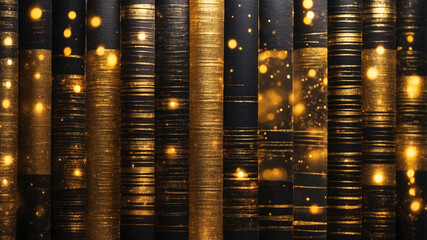 A stunning abstract pattern of shimmering golden and black vertical stripes illuminated by sparkles of light.