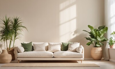 Modern living room with white sofa, beige walls and green plants in natural light