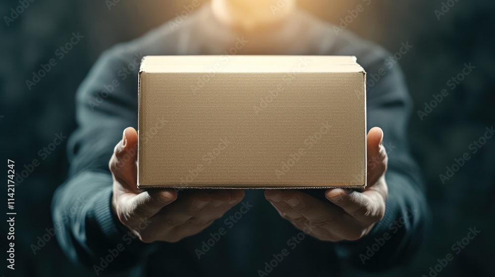 Poster a person holds a plain cardboard box in front of them, with a softly lit background creating a drama