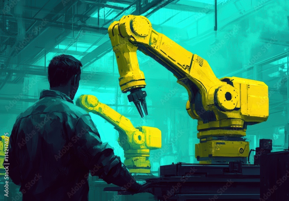 Poster worker overseeing robotic arm in automated industrial setting