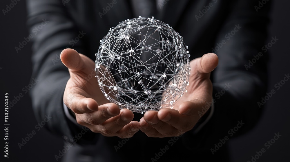 Poster a person in a suit holds a transparent globe made of interconnected lines and nodes, symbolizing con