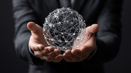 A person in a suit holds a transparent globe made of interconnected lines and nodes, symbolizing connectivity and global technology.