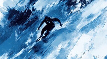 Abstract illustration of a person snowboarding on a painted blue sky background.