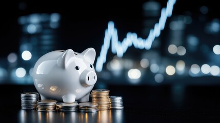 Piggy bank surrounded by coins and financial graphs, representing stock market growth and financial success against a light blue backdrop