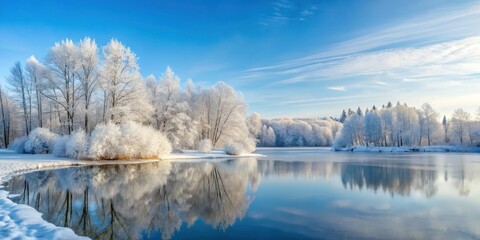 Snow-covered forest with bare trees and frozen lake in the background , landscape, serene,  landscape, serene